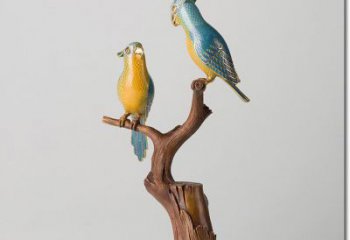 彩繪鸚鵡雕塑，仿真動物小品，玻璃鋼鳥禽雕塑廠家