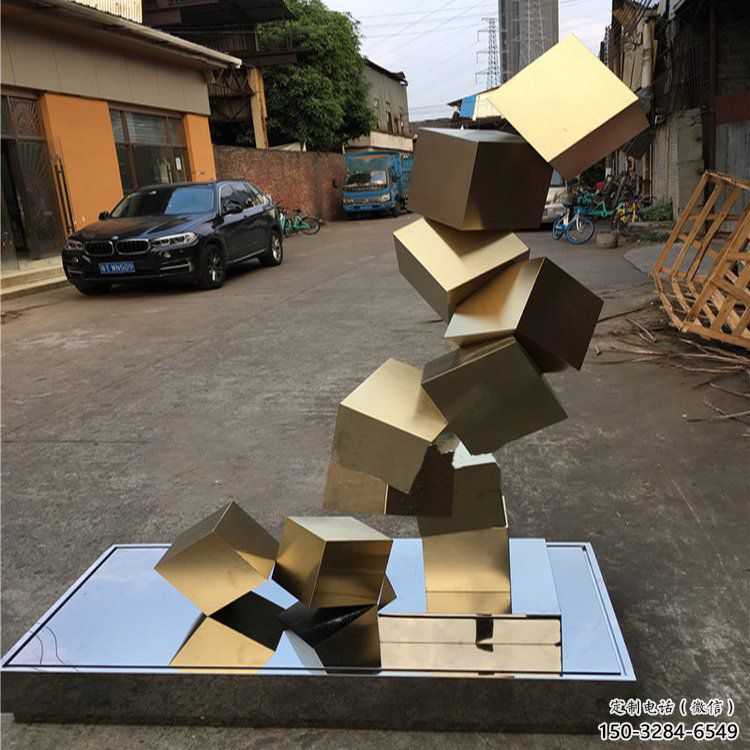 拉絲魔方雕塑 鏤空創意擺件 別墅區雕塑