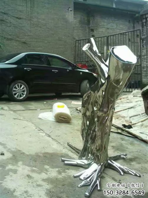 不銹鋼樹樁雕塑 懸空餐飲店大樹雕塑 街頭植物雕塑