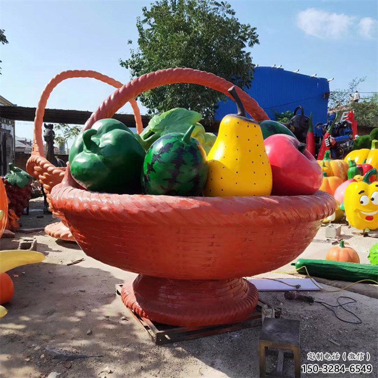 景觀果籃雕塑承接，景區案例，景觀不銹鋼果籃雕塑定制