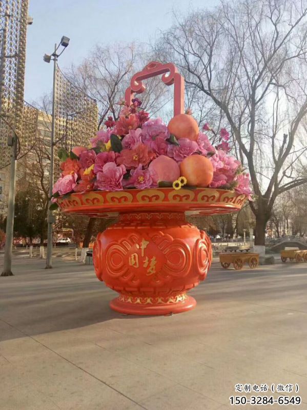 企業標志花籃雕塑精選，多彩藝術，花卉花籃雕塑生產優價