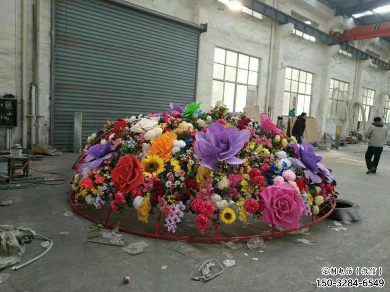 金屬花籃景觀雕塑通用，城市雕塑，彩色玫瑰花花籃雕塑指用