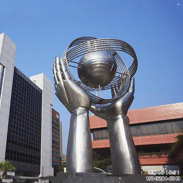 地球儀雕塑定做，小區擺件，鏡面手托地球儀雕塑制作