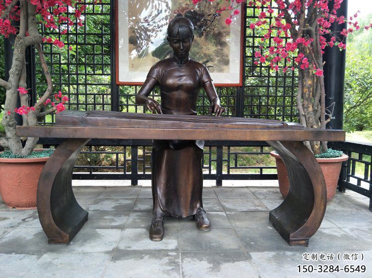 彈古箏雕塑選用，景區案例，純銅仿古制造商