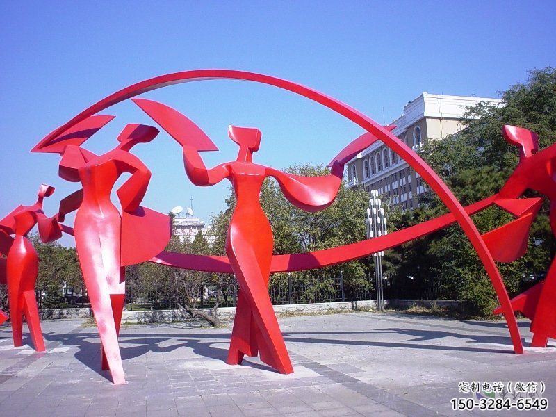 西夏扭秧歌雕塑，民俗舞蹈雕塑，不銹鋼抽象音樂(lè)人雕塑