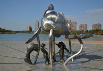 大理蓮蓬嬉戲雕塑，城市植物景觀雕塑，不銹鋼鏡面效果